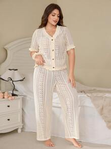 Serenescape Plus Size Ins Style Jacquard Semi-Sheer Pajama Set - Apricot - View 1