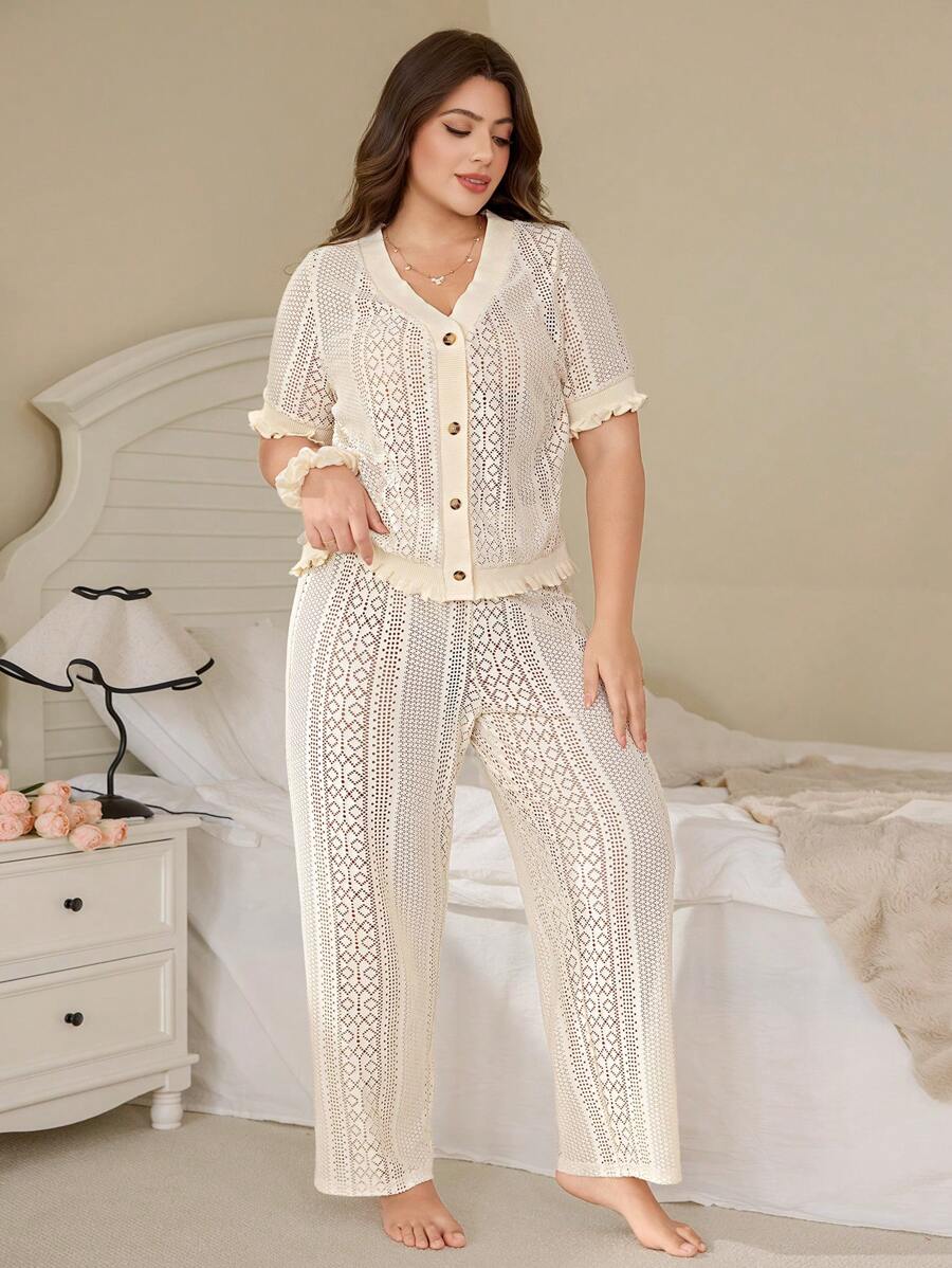 Serenescape Plus Size Ins Style Jacquard Semi-Sheer Pajama Set - Apricot - View 1