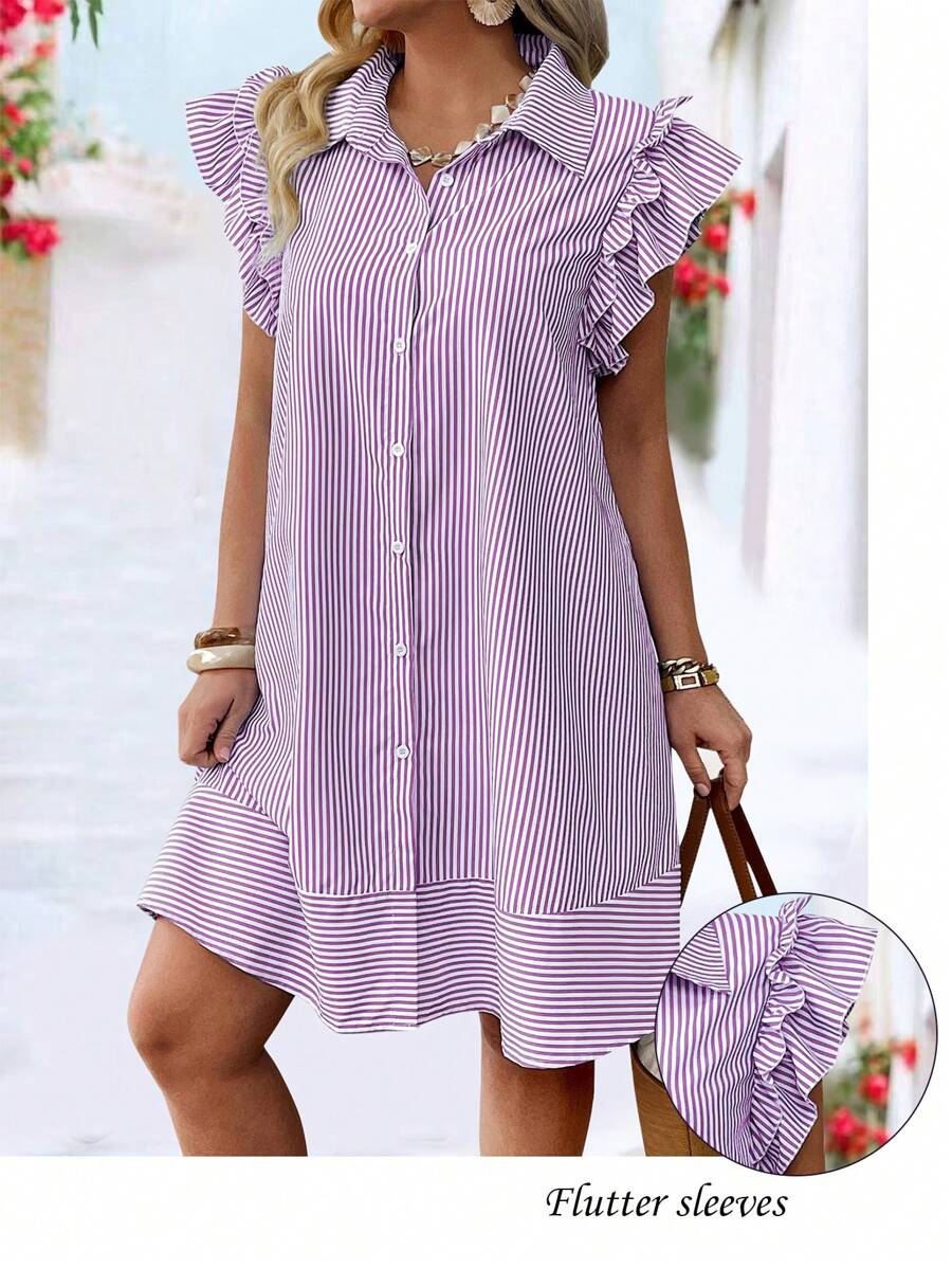 SHEIN LUNE Gaun Kasual Lengan Pendek Bermotif Garis-garis Ukuran Plus, Kancing Depan, Musim Semi/Panas - Purple - View 1