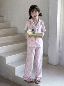 SHEIN Dozemod Tween Girl Tween Girls 2pcs Set Stripe & Bow Print Collared Button Blouse And Woven Pants Pajamas - Pink - View 1