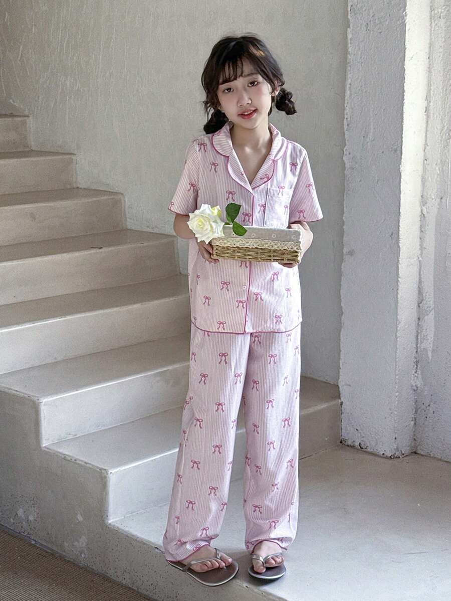 SHEIN Dozemod Tween Girl Tween Girls 2pcs Set Stripe & Bow Print Collared Button Blouse And Woven Pants Pajamas - Pink - View 1