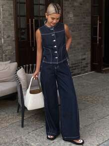 Livesso Women's Single-Breasted Vest And Fringe-Trimmed Waist Jeans Set - Blue - View 5