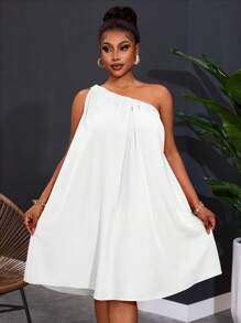 Slaydiva Plus Size Women's One Shoulder Sleeveless Solid Color Dress,Summer Outfits For Women,Sun Dresses For Women