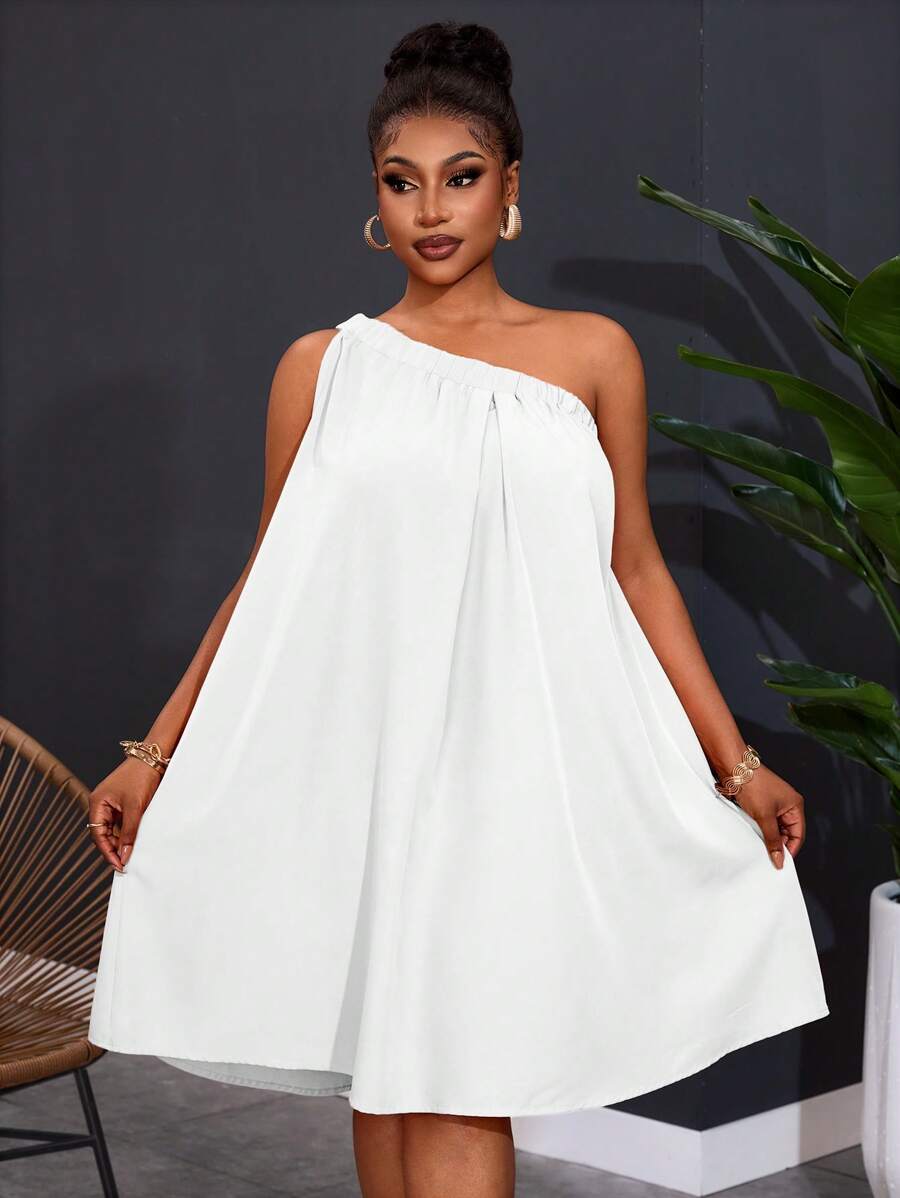 Slaydiva Plus Size Women's One Shoulder Sleeveless Solid Color Dress,Summer Outfits For Women,Sun Dresses For Women