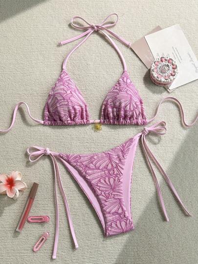 Swim Basics 2 件夏季假日粉色花卉纹理吊带抽绳侧比基尼泳装套装