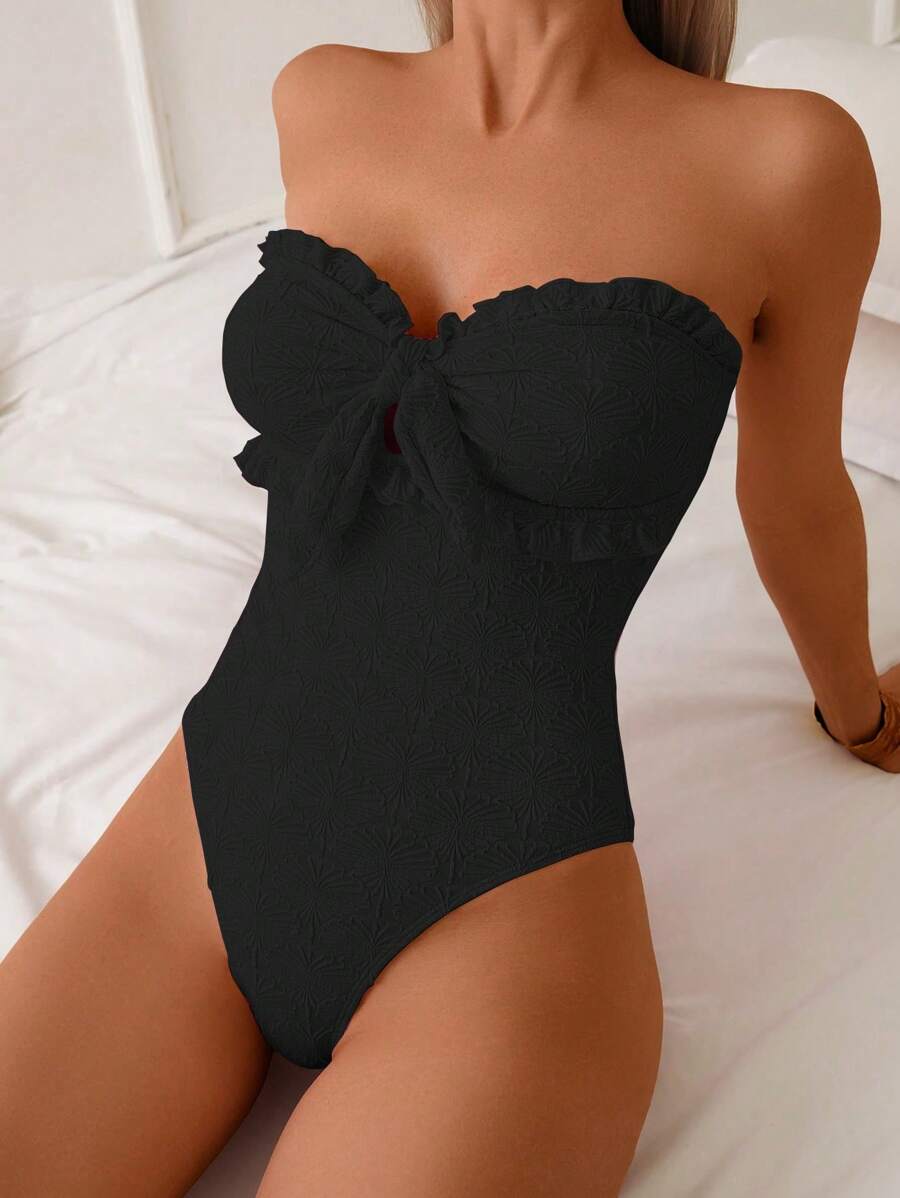 Swim Mod Áo tắm liền thân mùa hè màu trơn dành cho nữ, kiểu dáng cắt cao, có bèo nhún và nơ. - màu đen - Xem 1