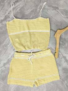 INAWLY 2pcs Women Contrast Color Hollow Camisole Top & Knitted Shorts Set - Multicolor - View 3