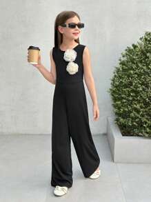 SHEIN Leap Crew Mono elegante asimétrico de color negro sólido Nova Glow para niña preadolescente, adecuado para el verano, vacaciones en la playa, uso diario, discotecas, fiestas, reuniones, fiestas de cóctel, fiestas en la piscina, oficina, viajes y vacaciones. - Negro - Ver 4