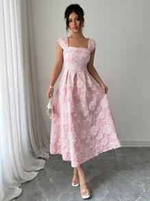 Modelyn Women's Elegant Jacquard Mid-Length Dress, Summer - Pink - View 4