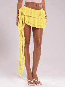SHEIN BAE Váy xòe xếp nếp nhiều lớp buộc vạt bên hông cho nữ, thanh lịch, phù hợp với trang phục mùa hè, công sở cho nữ, trang phục thường ngày cho nữ, trang phục công sở cho nữ - Màu vàng - Xem 1