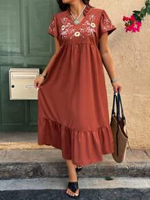 Breezaya Vestido casual de vacaciones con cuello en V, manga corta y bordado floral para mujer de talla grande - Marrón - Ver 3