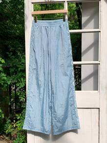 Comfortcana Women Floral Embroidery Elastic Waist Wide Leg Loose Casual Pants - Baby Blue - View 3