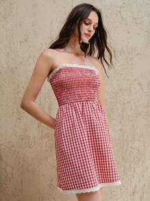 SHEIN LUNE 夏季新款棉质连衣裙，优雅女士露肩蕾丝拼接格子迷你连衣裙 - 紅色 - 查看 5