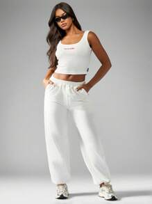 Missguided x Playboy Top de tirantes corto acanalado de algodón, ropa deportiva de verano estilo Y2K, ropa urbana, atlética, gimnasio, deporte, clásica, con logo básico, esencial, sin mangas, ajustado, para mujer