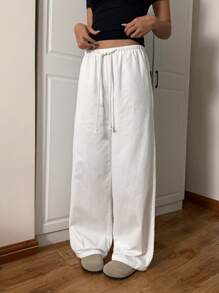 CovetEZ Pantalones casuales rectos y sueltos de mujer con cordón en la cintura, color blanco