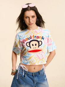 Paul Frank X SHEIN Camiseta de manga corta de cuello redondo con estampado de letras y monos, informal, para el verano