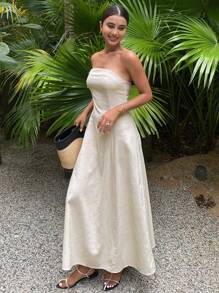 Livesso Form-Fitting Solid Color Maxi Strapless Dress For Women, Vacation Linen - White - View 3