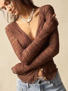 Bohemela 纯色针织蕾丝 V 领长袖修身女式上衣，休闲