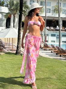 SHEIN Swim 3pcs Women Floral Decor Halter Tie-Dye Swimsuit Set For Summer Beach Vacation - Pink - View 6