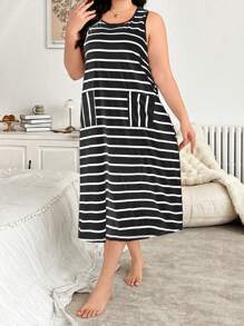Striped Print Casual Long Nightgown - Black - View 6