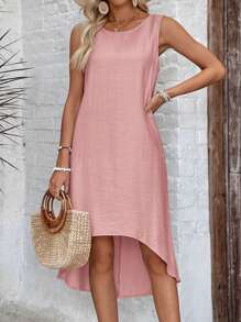 EMERY ROSE 女士纯色圆领高低下摆休闲无袖连衣裙 - 粉色 - 查看 1