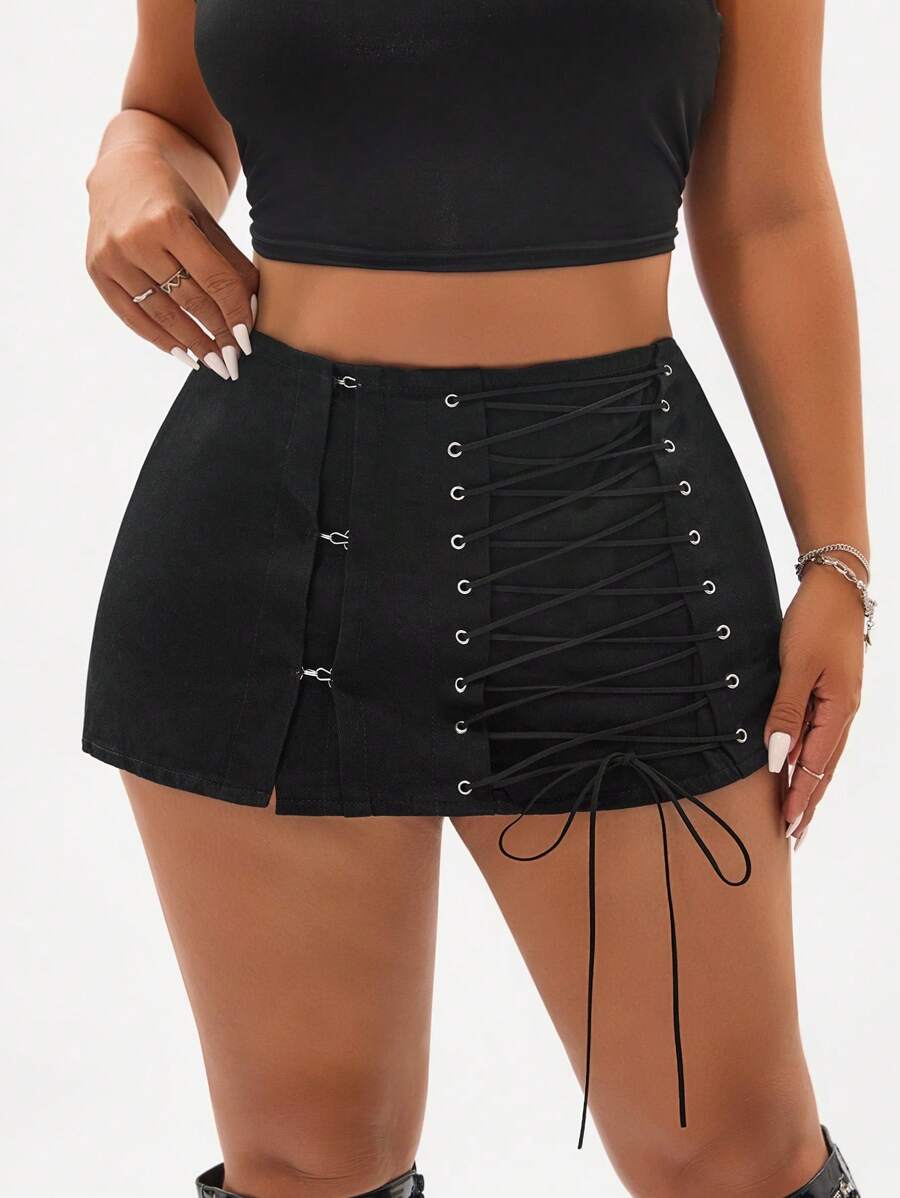 Jeanoix Plus Size Solid Color Fashionable Casual Tie-Up Skirt - Black - View 1