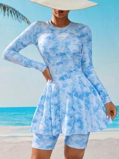 Swim Shayni Conjunto de burkini con estampado total para mujer para playa y vacaciones