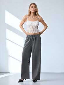 SHEIN EZwear Damen graue, lose, gerade geschnittene Hose aus Gewebe mit Taschen, Lässig-Stil - Grau - Übersicht 5