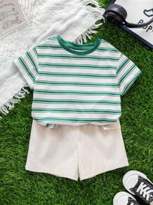 SHEIN Leap Crew Bộ 2 món/Bộ đồ liền quần cổ tròn rộng rãi kẻ sọc dễ thương cho bé trai và bé gái, thích hợp mặc trong nhà và ngoài trời vào mùa xuân/hè - Nhiều màu - Xem 7