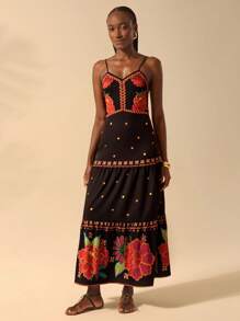 CAJUNI Bohemian Holiday Tropical Red Floral Print Casual Beach Sleeveless Spaghetti Strap Backless Tie Strap Layered Maxi Dress For Women - Multicolor - View 4