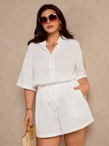Elaquor Conjunto de 2 piezas para mujeres de talla grande con camisa de manga caída y pantalones cortos con cinturón, de unicolor para verano - Blanco - Ver 6