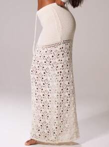 MUSERA Halterneck Crochet Bralette Textured Knit Maxi Skirt Cover Up Ibiza Sexy Vacation Holiday Spring Summer Festival Beachwear Romantic Elegant Birthday Tequila Sunrise, Beach Club Evening Party Elegant