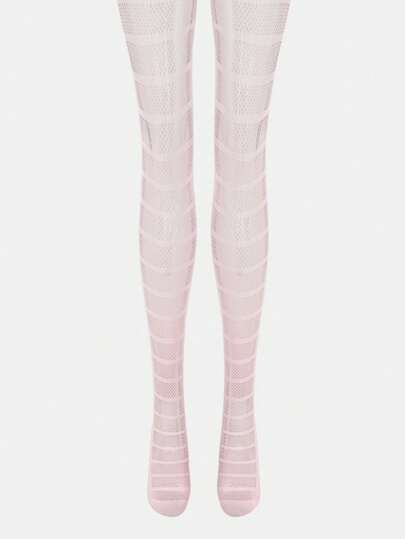 Kawaii 1 par de medias sexy de red con rayas cruzadas, mallas con patrón geométrico retro, pantimedia transparente y elástica con tirantes