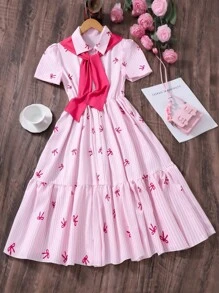 Teens Kleid mit Schalkragen Dekor, Kurzarm, weiter Schnitt