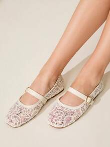 CUCCOO CHICEST 女士优雅蕾丝网眼圆头低跟休闲平底鞋，带扣带，米色 - 米色 - 查看 8