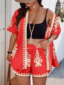 SHEIN Clasi Random Print Shirt & Shorts 2 Pieces Outfit, Plus Size - Red - View 1