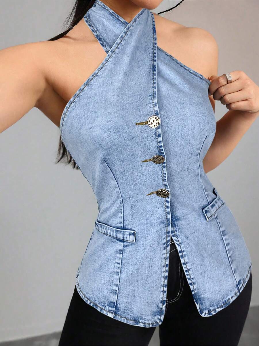SHEIN Essnce Women's Denim Halter Neck Slim Fit Stretch Top, Blue - Light Wash - View 1