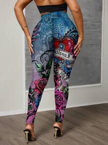 Slaydiva 大码复古纹身心形印花休闲紧身裤