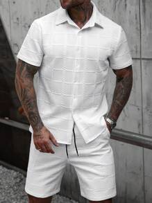 Manfinity CasualCool 2pc Men's Textured Jacquard Suit, Solid Color Lapel Short-Sleeved Button-Down Shirt And Drawstring Shorts, Suitable For Summer Daily Wear, Suitable For Father's Day Gift - White - View 3