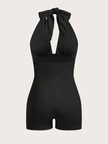 Slaydiva 2Pcs Women's Casual Ruched Bust Backless Halter Tied Waist Jumpsuit Set, Sexy Design Suitable For Summer - Multicolor - View 6