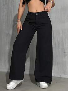 SHEIN PETITE Women's Loose Fit Pocket Design Wide Leg Casual Versatile Jeans