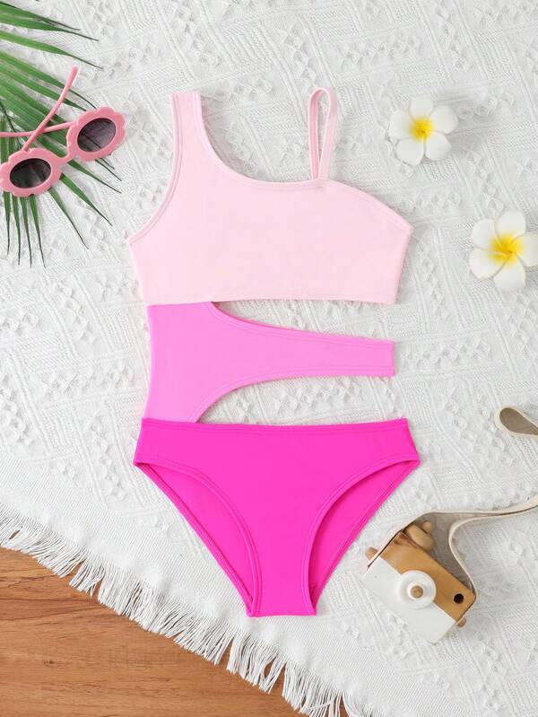 SHEIN Costume da bagno intero aderente colorblock con design traforato, casual e confortevole