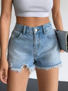 EURMUSE Casual Bleashed Ripped Raw Trim Denim Shorts - Medium Wash - View 3
