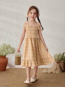Blossori Young Girls Yellow Plaid Suspender Dress - Yellow - View 5