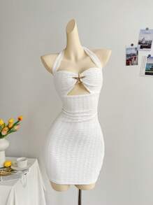 Soleia Abito mini da donna per le vacanze, in maglia bianca con texture, spalline annodate, con inserti metallici a forma di stella marina decorativa, adatto per feste, appuntamenti, spiaggia, estate, aderente e sexy