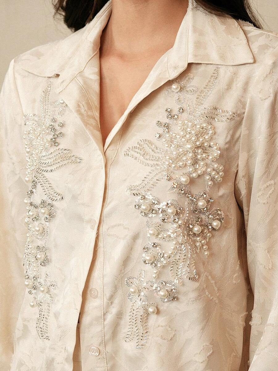 Anewsta Blusa elegante y romántica con decoración de perlas, casual y elegante para brunch, primavera y verano