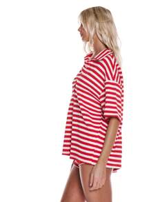 MUSERA Camisa con mangas cortas a botones de punto con tejido de ganchillo a rayas sobredimensionado, ideal para primavera, verano, vacaciones, playa y días festivos