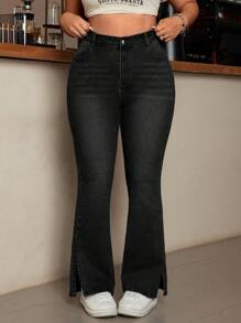 SHEIN EZwear Women Plus Size Pocket Design Flared Casual Versatile Denim Jeans