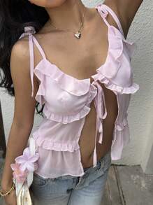 Sunnyshic 女士纯色荷叶边吊带背心夏季 - 淺粉色 - 查看 4