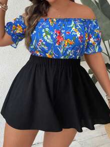 SHEIN Holidaya Tuta corta senza spalle con stampa tropicale di piante per taglie comode